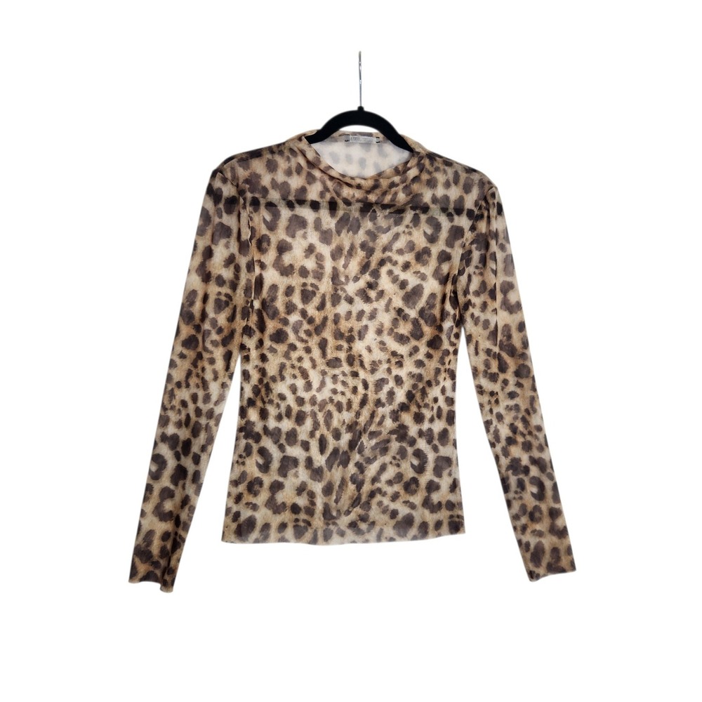 Zara Womens Leopard Print Mesh Long Sleeve Top Brown Animal Print Size L